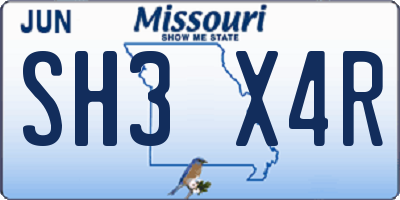 MO license plate SH3X4R