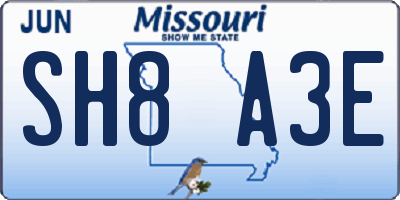 MO license plate SH8A3E