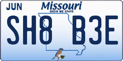 MO license plate SH8B3E