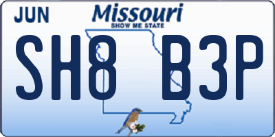 MO license plate SH8B3P