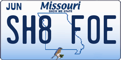 MO license plate SH8F0E