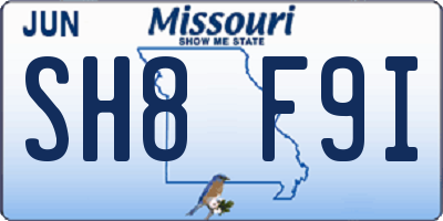 MO license plate SH8F9I