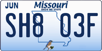 MO license plate SH8O3F