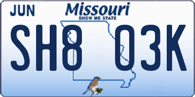 MO license plate SH8O3K