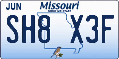 MO license plate SH8X3F