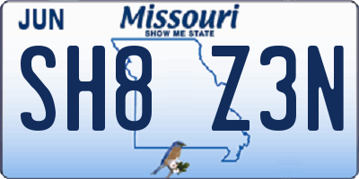 MO license plate SH8Z3N