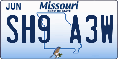 MO license plate SH9A3W