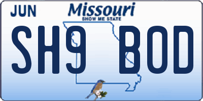 MO license plate SH9B0D