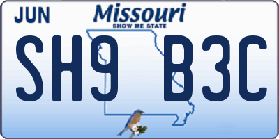 MO license plate SH9B3C