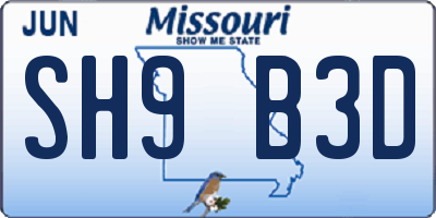 MO license plate SH9B3D