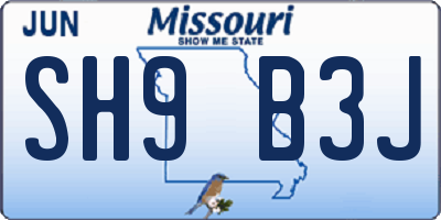 MO license plate SH9B3J