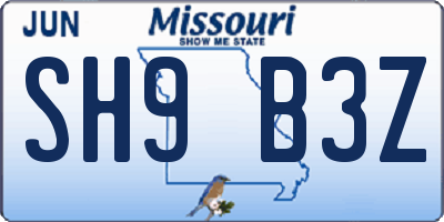 MO license plate SH9B3Z