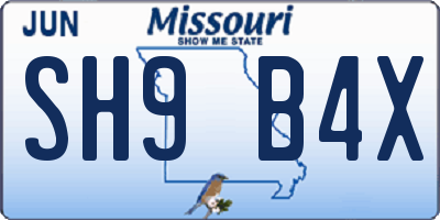MO license plate SH9B4X