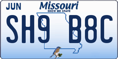 MO license plate SH9B8C