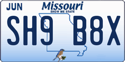 MO license plate SH9B8X