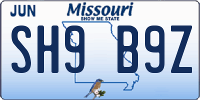 MO license plate SH9B9Z