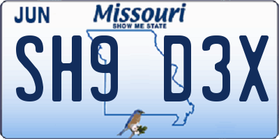 MO license plate SH9D3X