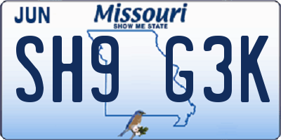 MO license plate SH9G3K