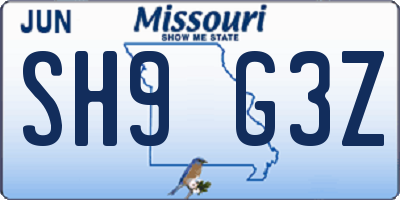 MO license plate SH9G3Z