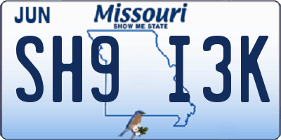 MO license plate SH9I3K