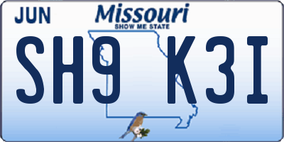 MO license plate SH9K3I