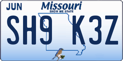 MO license plate SH9K3Z