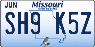 MO license plate SH9K5Z