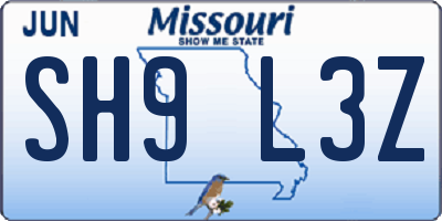 MO license plate SH9L3Z
