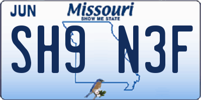 MO license plate SH9N3F