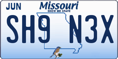 MO license plate SH9N3X