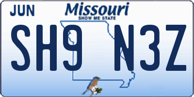 MO license plate SH9N3Z