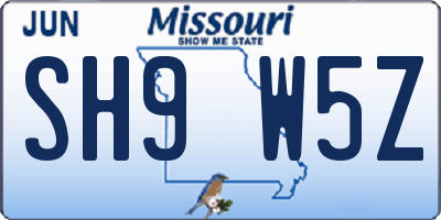 MO license plate SH9W5Z