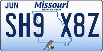 MO license plate SH9X8Z