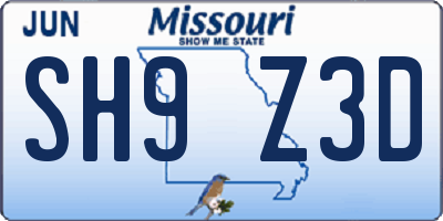 MO license plate SH9Z3D