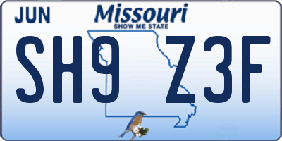 MO license plate SH9Z3F