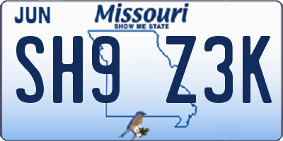 MO license plate SH9Z3K