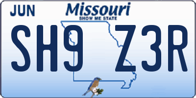 MO license plate SH9Z3R