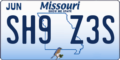 MO license plate SH9Z3S