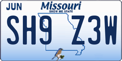MO license plate SH9Z3W