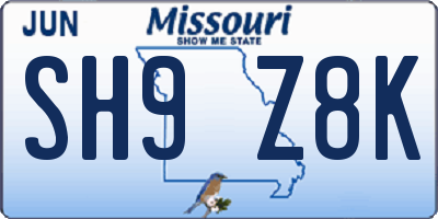 MO license plate SH9Z8K