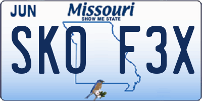 MO license plate SK0F3X
