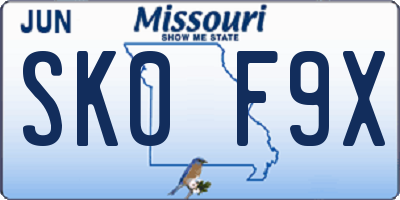 MO license plate SK0F9X
