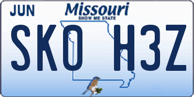 MO license plate SK0H3Z