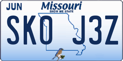 MO license plate SK0J3Z