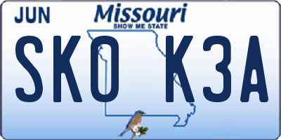 MO license plate SK0K3A