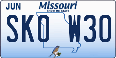 MO license plate SK0W3O