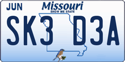 MO license plate SK3D3A