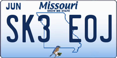 MO license plate SK3E0J
