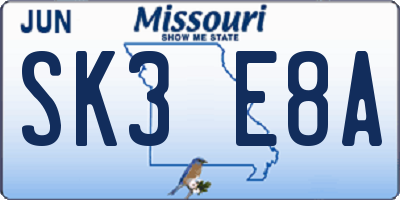 MO license plate SK3E8A