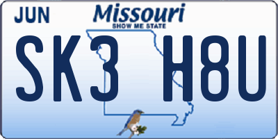 MO license plate SK3H8U